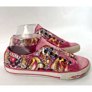 Vintage Ed Hardy Low Top Laceless Sneakers Pink Skull Tattoo Y2K Size 7 / EUR 38